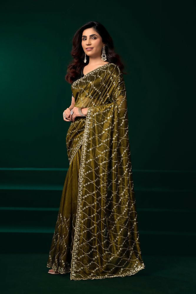 Joban Fashion Mehandi Green Net Party Wear Sarees - Distacart