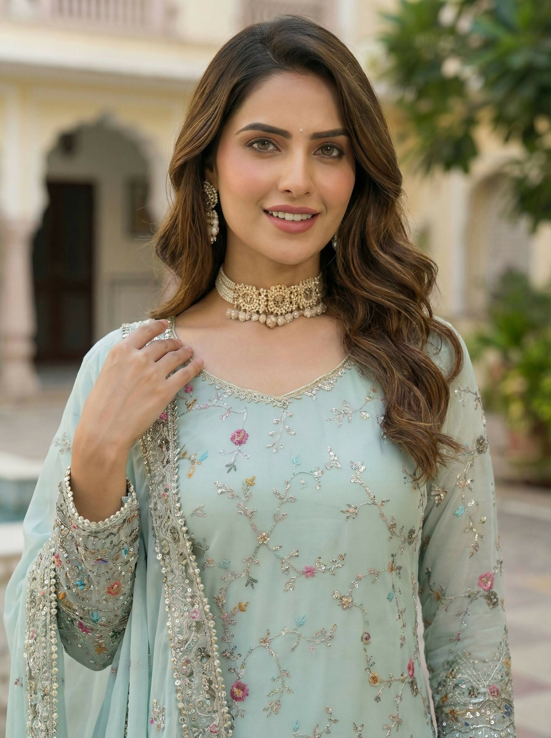 Teeya Creation Sky Faux Georgette Multi Thread Work Wedding Wear Sharara Set - Distacart