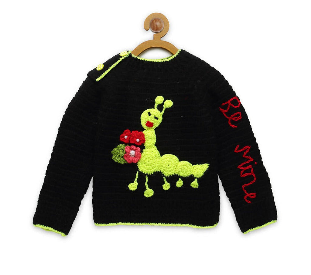 Chutput Kids Black Coloured Solid Pullover with Caterpiller Applique Detail