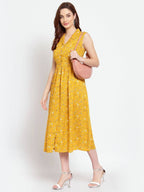 Myshka Women's Mustard Printed Rayon Sleeveless Collar Neck Casual Dress