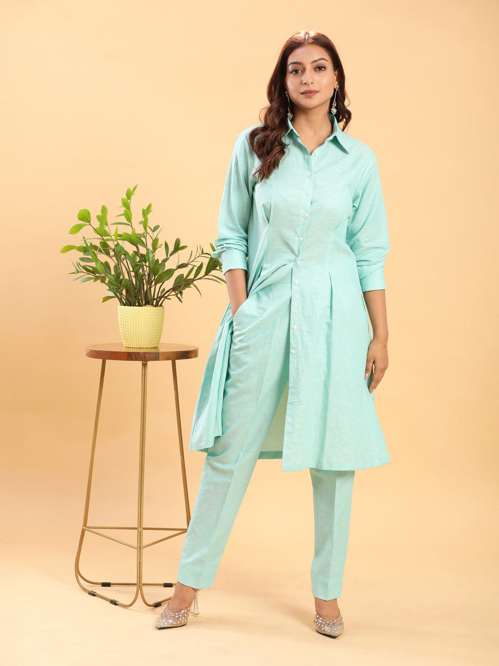 BohoJazz Mint Green Longline Shirt with Formal Pants Co-ord Set - Distacart