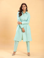 BohoJazz Mint Green Longline Shirt with Formal Pants Co-ord Set - Distacart