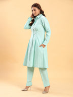 BohoJazz Mint Green Longline Shirt with Formal Pants Co-ord Set - Distacart