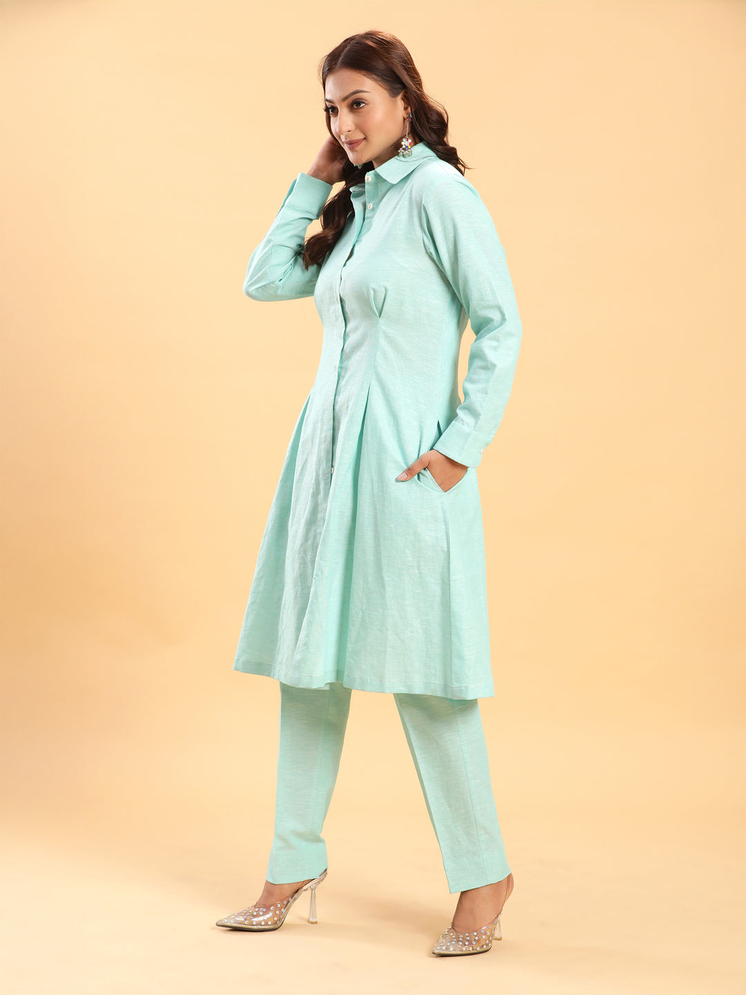 BohoJazz Mint Green Longline Shirt with Formal Pants Co-ord Set - Distacart