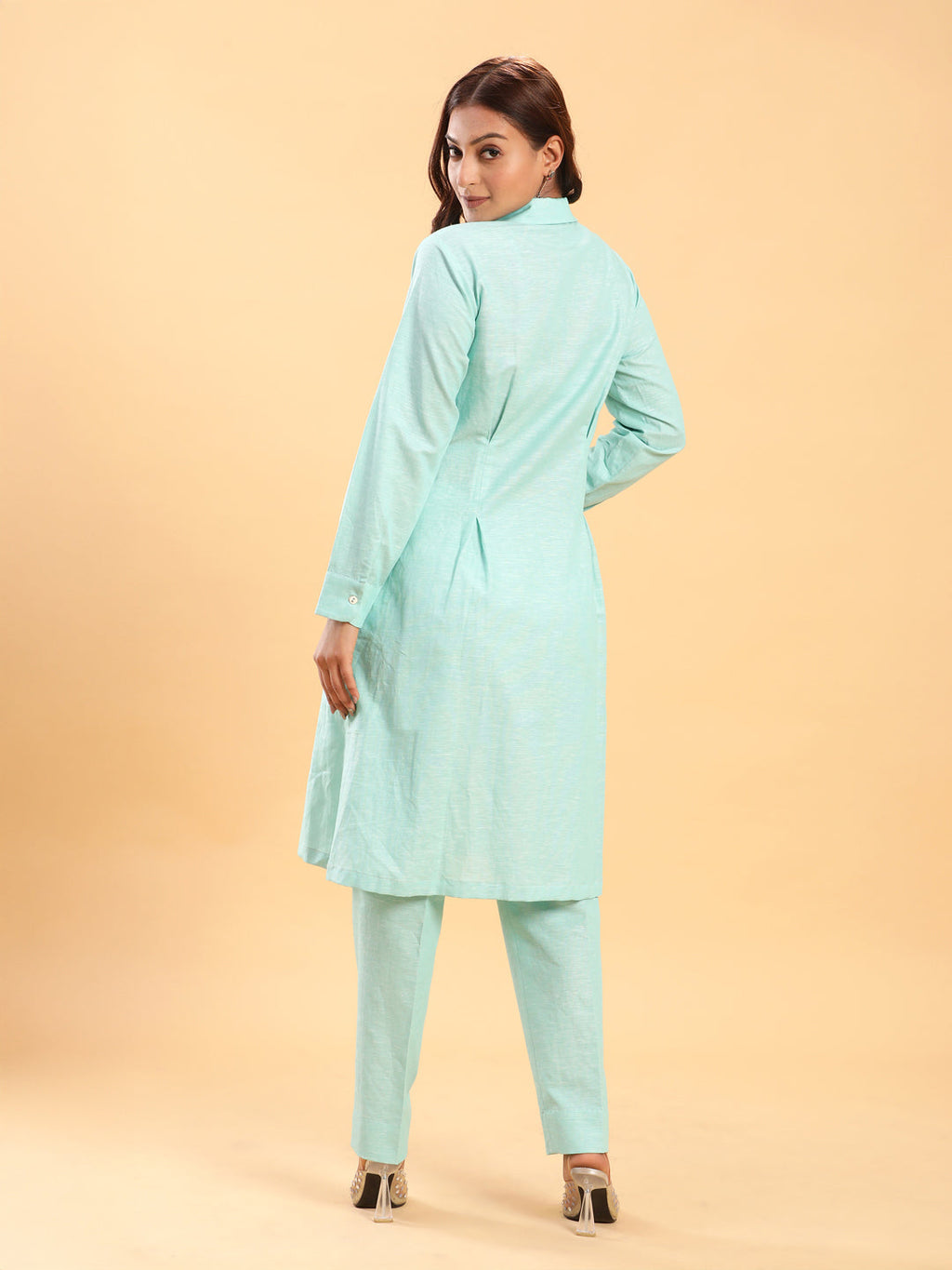 BohoJazz Mint Green Longline Shirt with Formal Pants Co-ord Set - Distacart