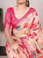 Vastranavya Cream Tussar Silk Printed with Viscose Border Saree with Unstitched Blouse - Distacart