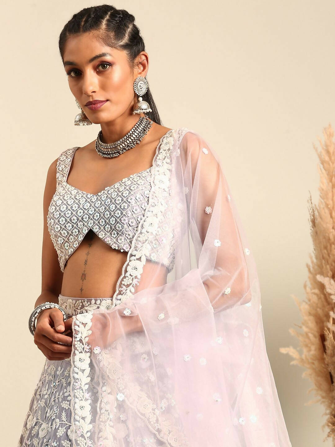 House of Panchhi Mauve Chinon Sequins and Zarkan embroidery Lehenga choli & Dupatta