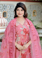 Miravan Women's Muslin Pink V-Neck Embroidered Kurta with Palazzo and Dupatta