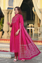 The52 Women's Beautiful Cotton Fabric Embroidery Work Straight Kurta Pant and Dupatta Set - Distacart