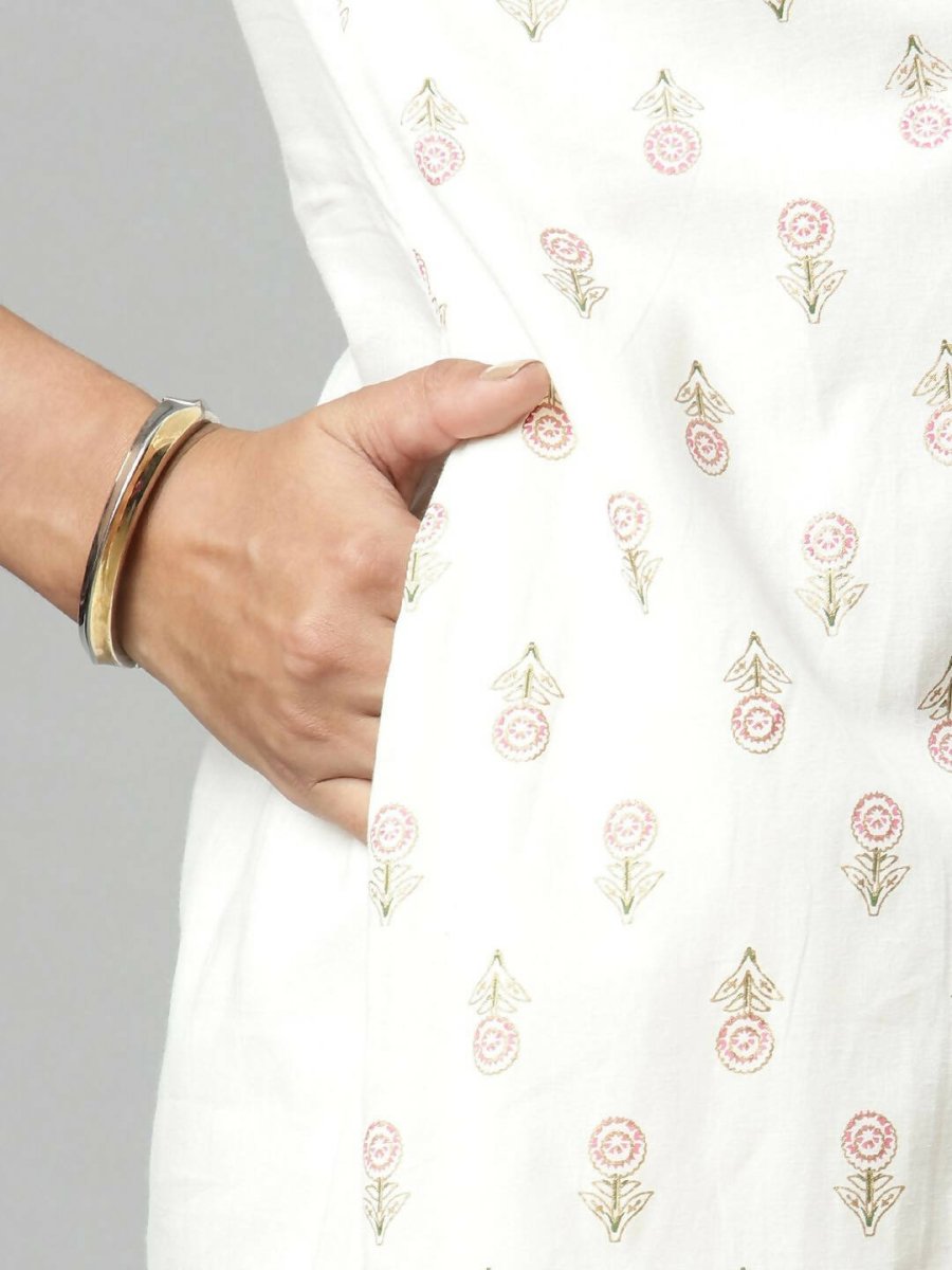 Ahalyaa Women's Off White Cotton Printed Kurta - Distacart