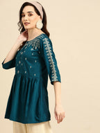 Women's Teal Viscose blend Embroidered Short Top - Marina