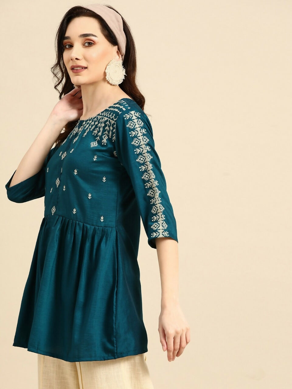 Women's Teal Viscose blend Embroidered Short Top - Marina