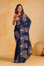 Vamsee Suhanisha Navy Blue Korean Shimmer Silk Saree