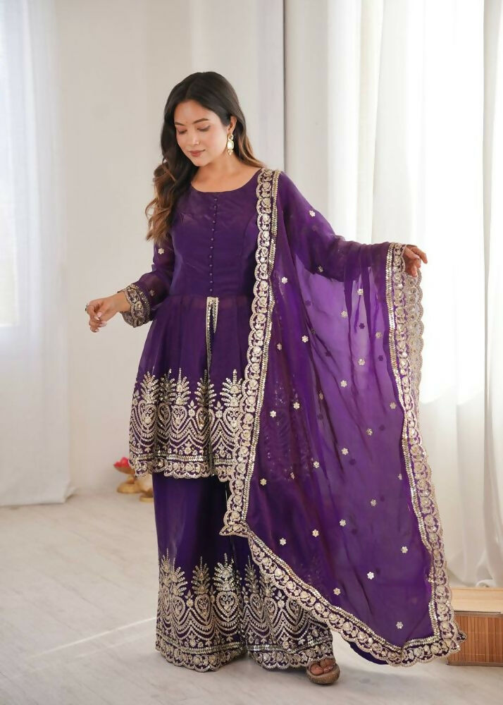 Teeya Creation Purple Color Fendy Satin Silk Embroidery Work party Wear Salwar Suit - Distacart