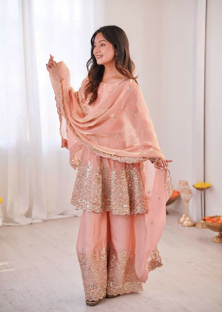 Teeya Creation Light Peach Color Fendy Satin Silk Embroidery Work Party Wear Salwar Suit - Distacart