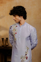 Falling Raw Silk Power Blue Botanical Bloom Kurta Set By Hilo Design