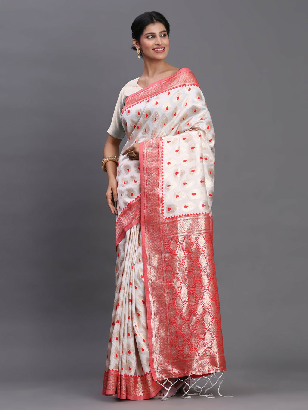 Shree Shyam Fashion Banarasi Silk Red & White Saree - Distacart