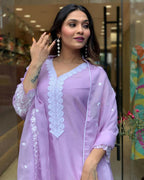 The52 Lavender Women's Gorgeous Embroidered Georgette Fabric Straight Kurta Pant with Dupatta Set - Distacart