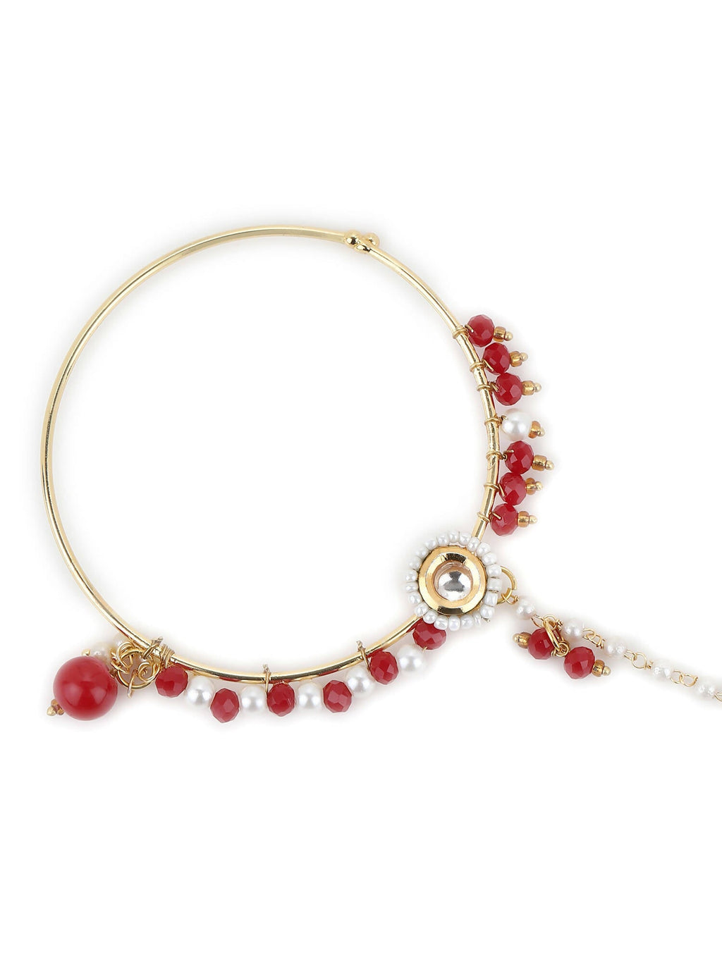 White Red Gold-Plated Kundan-Studded Beaded Nosepin - Ruby Raang - Distacart