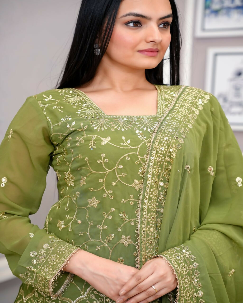 Teeya Creation Mehendi Green Faux Georgette Embroidery Work Sharara Set - Distacart