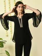 Myshka Women's Black Embroidered Party Fusion Top