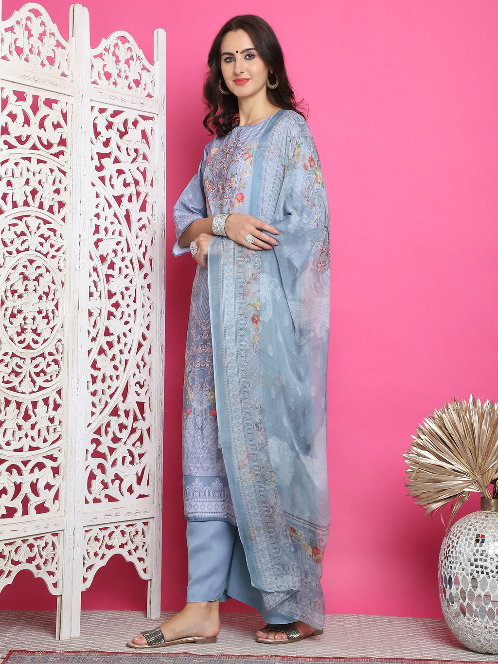Jyoti Fashion Women's Grey Satin Traditional Digital Print with Crystal work Kurta with Trouser & Dupatta