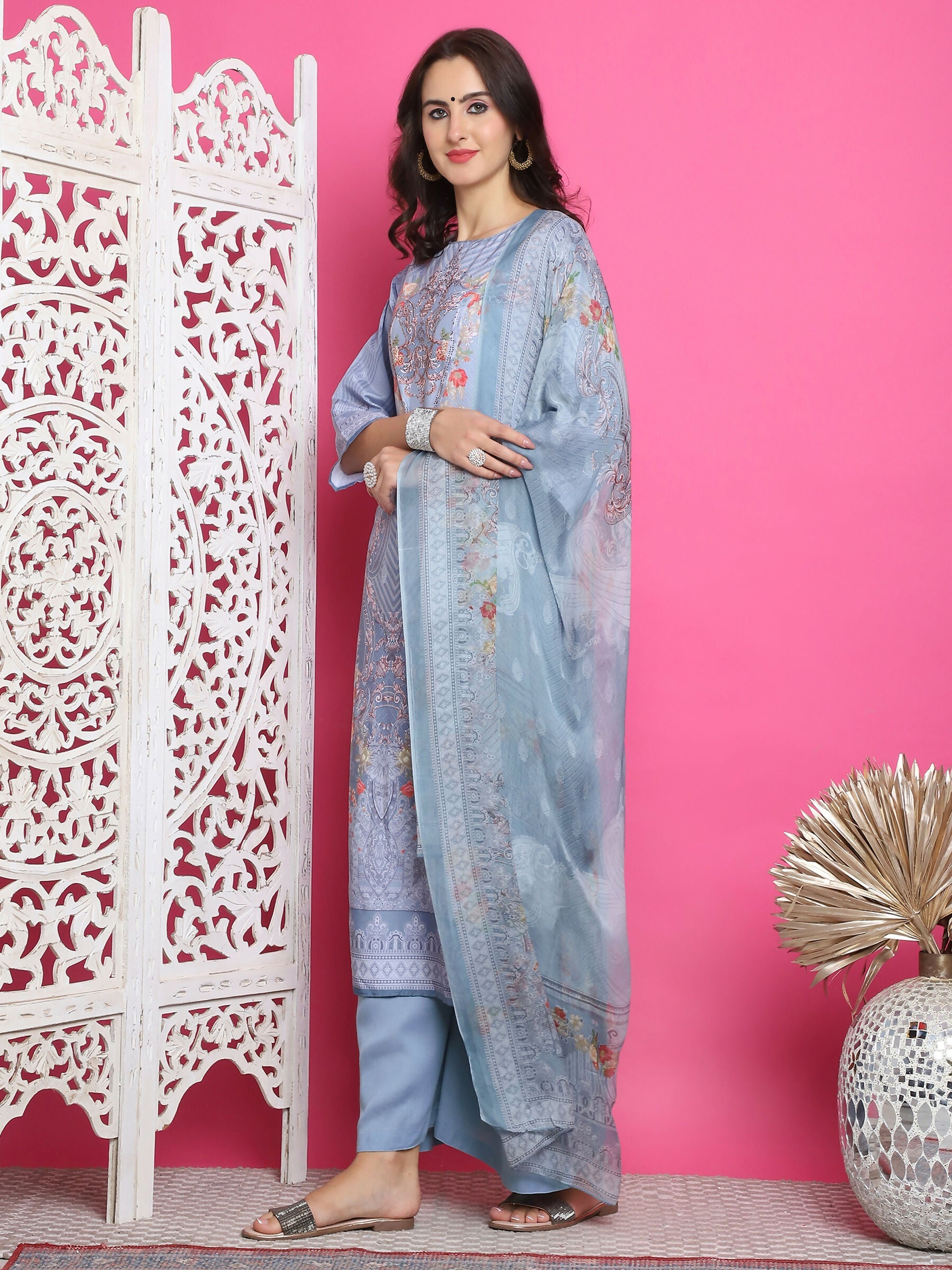 Jyoti Fashion Women's Grey Satin Traditional Digital Print with Crystal work Kurta with Trouser & Dupatta