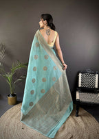 Joban Fashion Sky Blue Floral & Paisley Linen Silk Banarasi Saree - Distacart