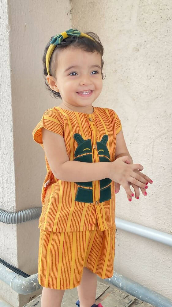 Mhyssa Motto Yellow and Red Half Sleeve T-shirt With Shorts Set For Kids