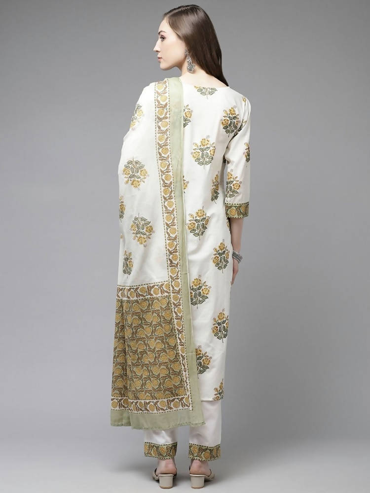 Yufta White yellow Floral Print kurta with Trouser & Dupatta set