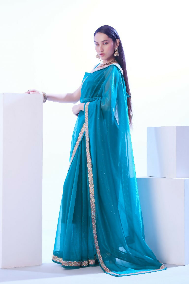 Firozi C/H Net Solid Designer & Lace Work Saree - Samaa