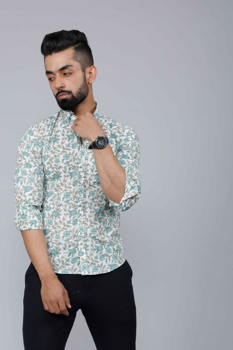 Miravan Men's Spread Collar White & Green Floral Print Slim Fit Shirt