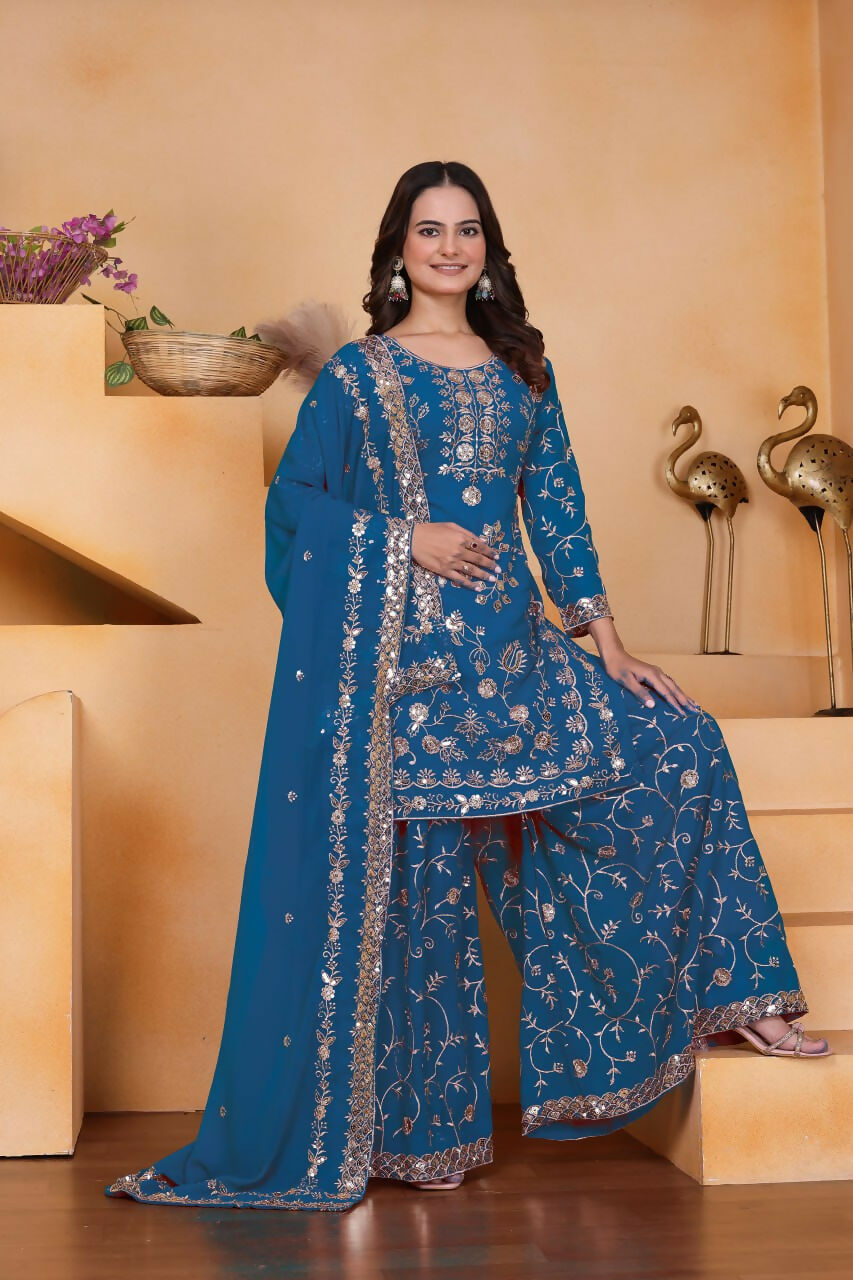 Teeya Creation Blue Color Faux Georgette Embroidery Work Wedding Wear Palazzo Set - Distacart