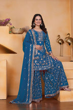 Teeya Creation Blue Color Faux Georgette Embroidery Work Wedding Wear Palazzo Set - Distacart