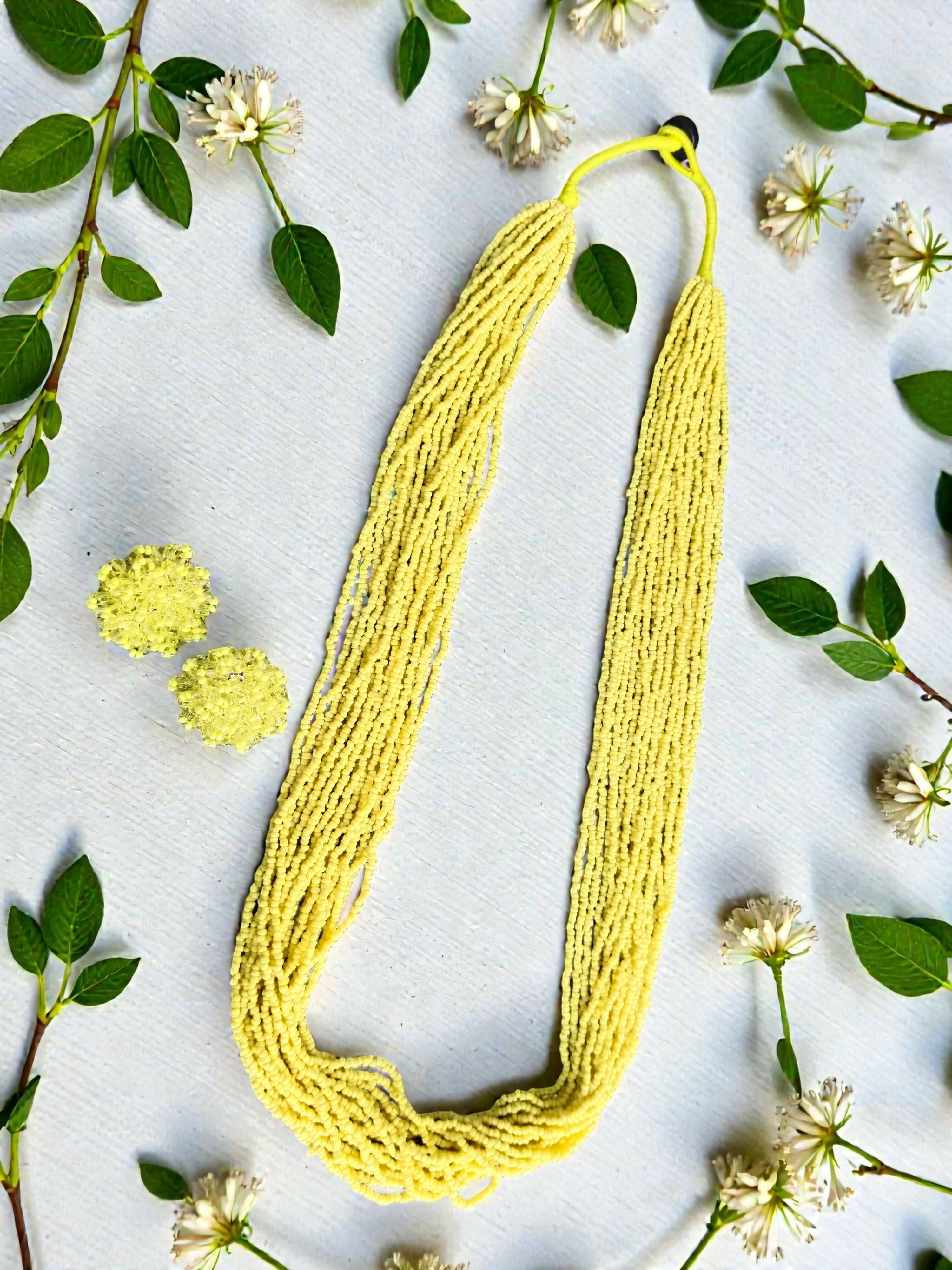 Inhanns Rangsaaz 20-Layer Luxe Long Beaded Necklace (With Optional Statement Earrings) - Lemon Yellow With Earring