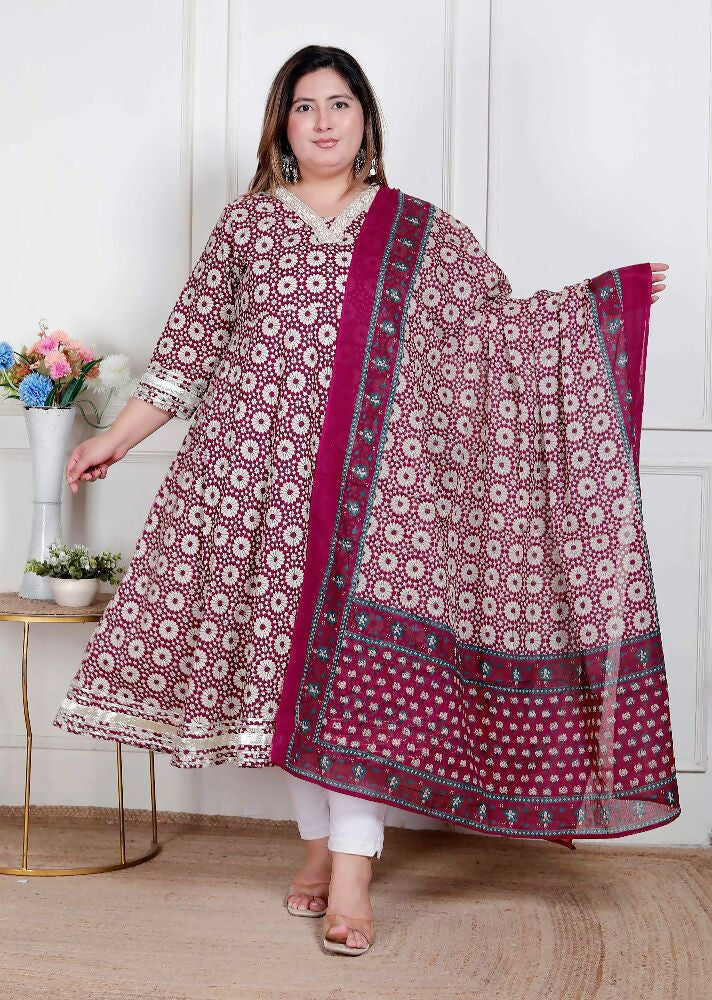 Miravan Plus Size Women'S Cream Embroidered Cotton Anarkali Kurta And Dupatta - Distacart