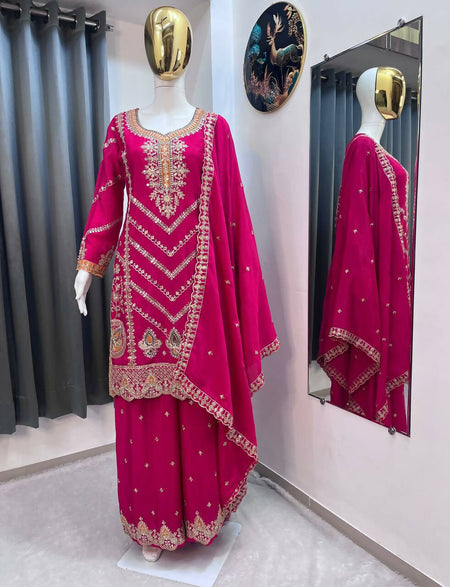 Teeya Creation Rani Color Chinon Silk Party Wear Trending Palazzo Set