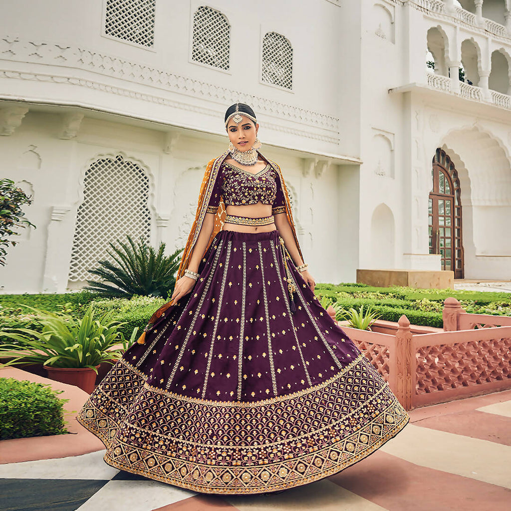 Purple Heavy Viscose Khatli, Embroidery & Mirror Work Unstitched Lehenga Choli - Sisha Keshav