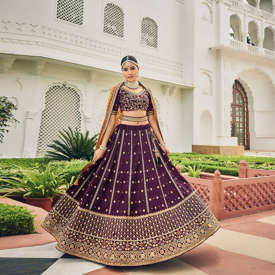 Purple Heavy Viscose Khatli, Embroidery & Mirror Work Unstitched Lehenga Choli - Sisha Keshav