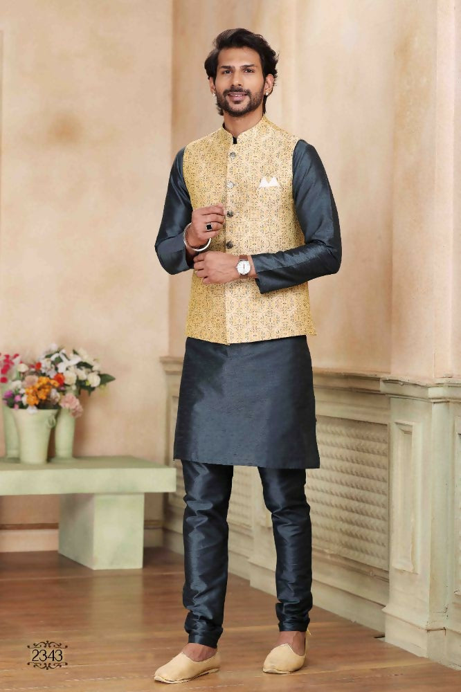 Raivat Ethnic Jacquard Banarasi Silk Woven Work 3 Pics Jacket Set In Beige Colour - Distacart