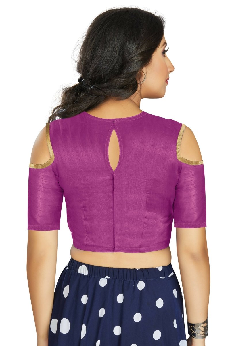 Aastha Fashion Women's Purple Art Silk Cold Shoulder Sleeve Readymade Blouse