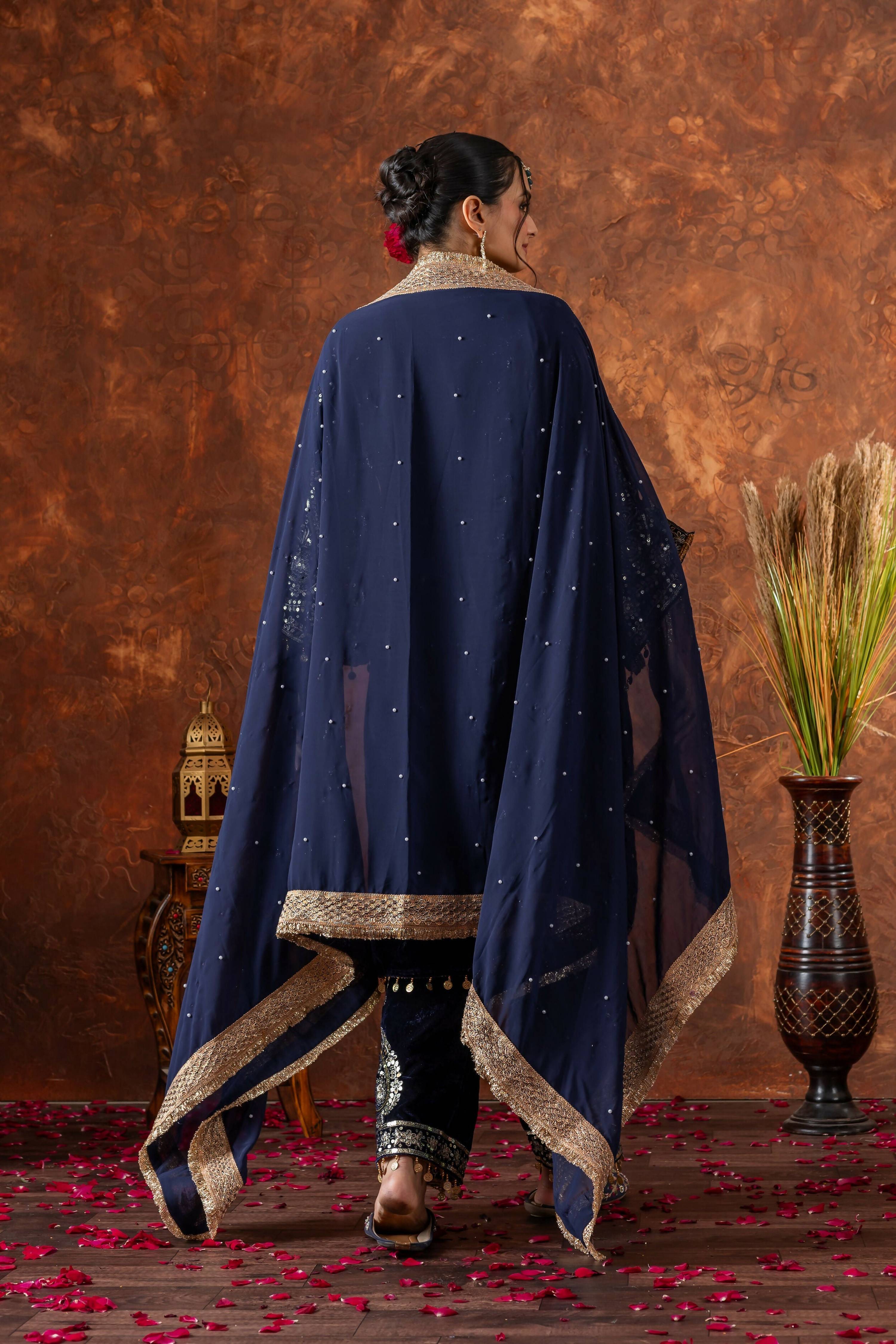 Teeya Creation Blue Color Velvet Silk Embroidery Work Party Wear Suit - Distacart