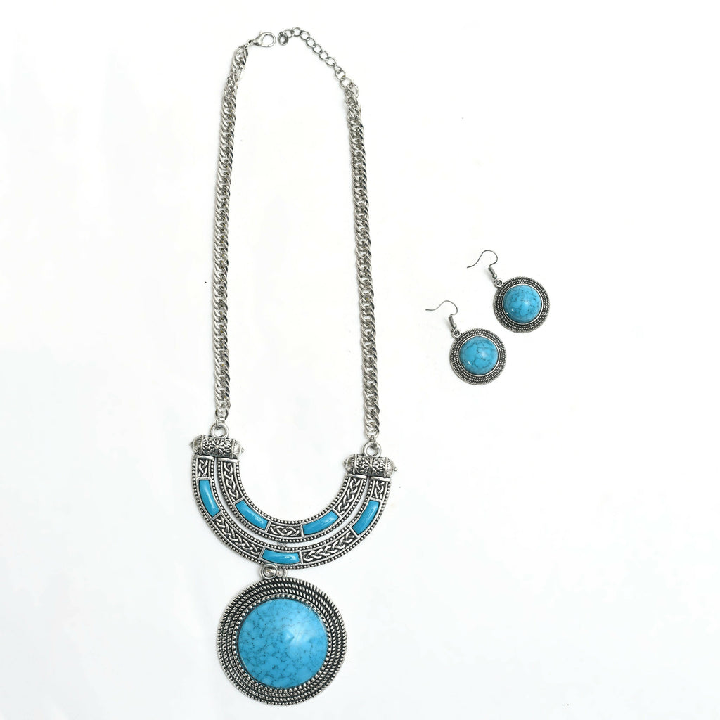 Mominos Fashion Johar Kamal Oxidised Silver-Plated Stone Work Long Necklace Handicraft Sky Blue - Distacart