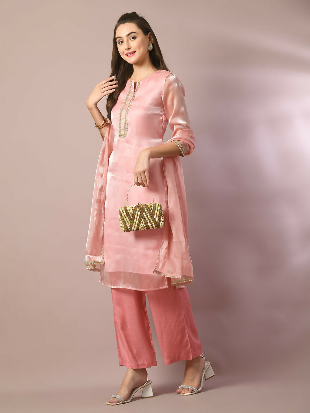 Myshka Women's Pink Solid Straight Party Kurta Set With Dupatta