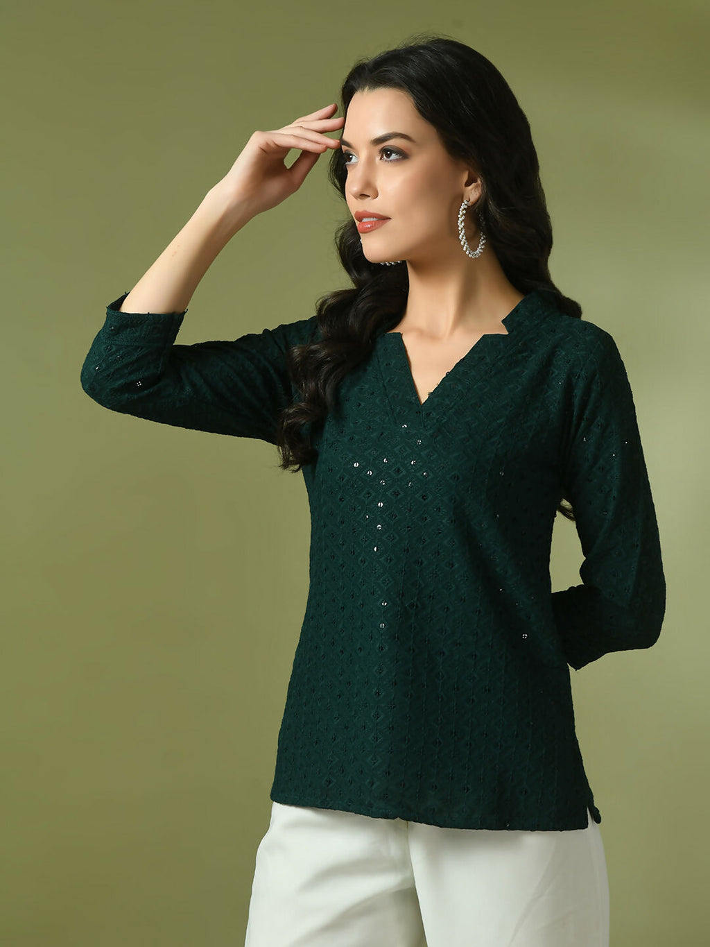 Myshka Women's Green Embellished Cotton Regular Party Tunic