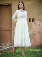 Kaajh Women's White Floral Embroidered Cotton Ethnic Dress - Distacart