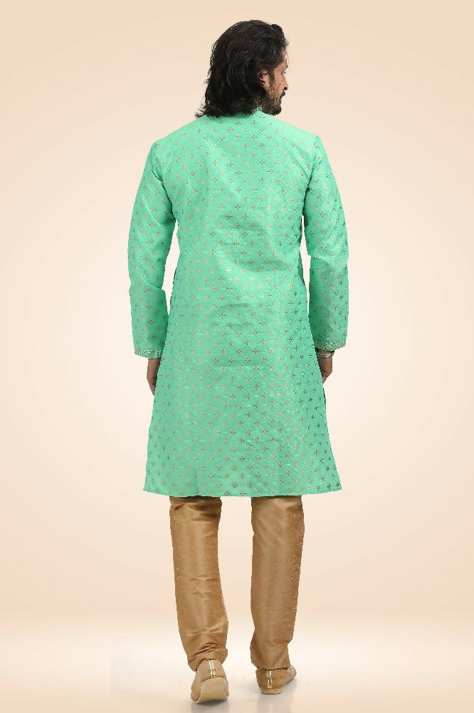 Raivat Ethnic Jacquard Banarasi Silk Pintux Work Kurta Pajama In Green Colour