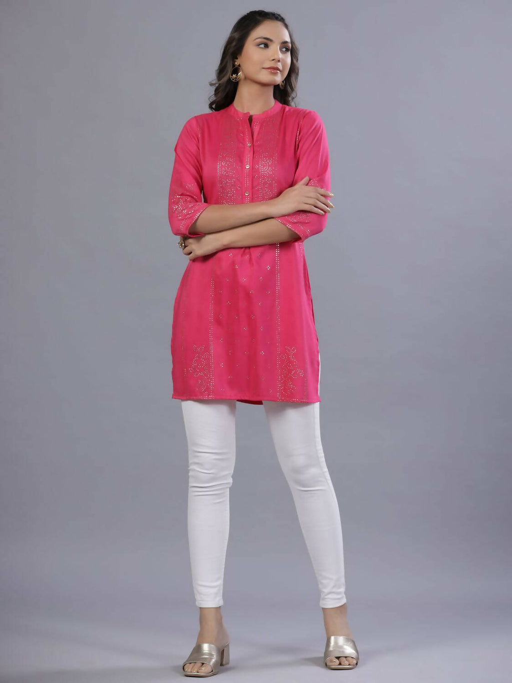 Juniper Women Fuchsia Chinon Silk Mukesh Work Straight Tunic