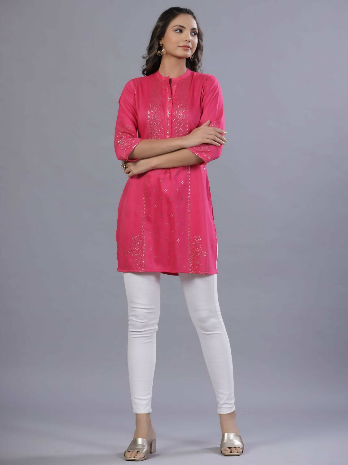 Juniper Women Fuchsia Chinon Silk Mukesh Work Straight Tunic