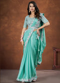 Aqua Blue Crepe Satin Silk Embroidered Saree with stitched Blouse - Mohmanthan Saha Saki